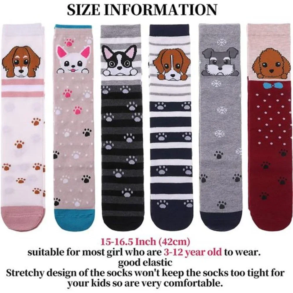 6 Pairs Kids Girls Knee High Socks Cartoon Animal Pattern Cotton Over Calf Socks